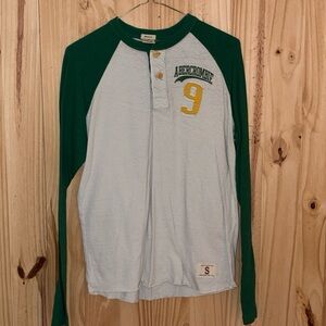 Abercrombie & Fitch White Henley with Green Trim and Yellow Button